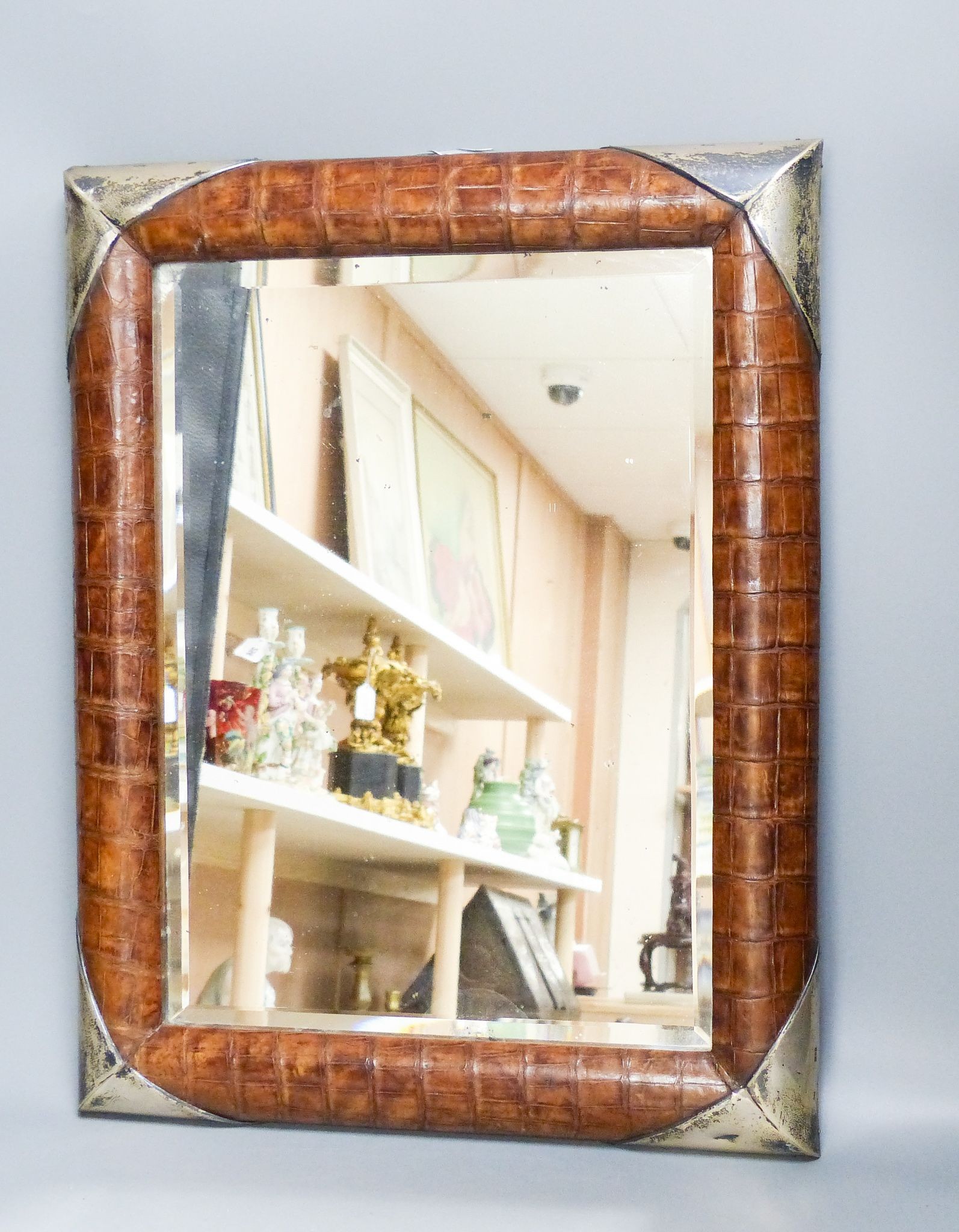 A victorian silver mounted crocodile skin easel mirror, London 1900, 45.5 cm X 35.5 cm